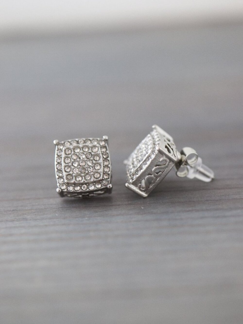 12mm Square Box Pave Style with Side Stones CZ Diamonds Stud Earrings Silver Pla
